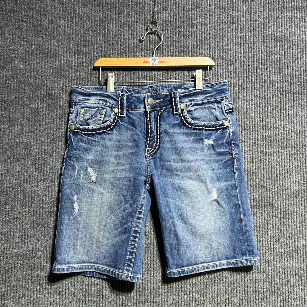 Miss Me Denim Shorts Womens 25 Blue Boyfriend Bermuda Distressed Thick Stitch